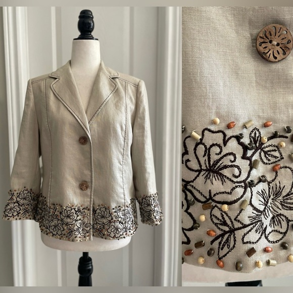 💯% Linen Silver Thread Embroidered Wood Beaded Blazer - 10 - Picture 1 of 13